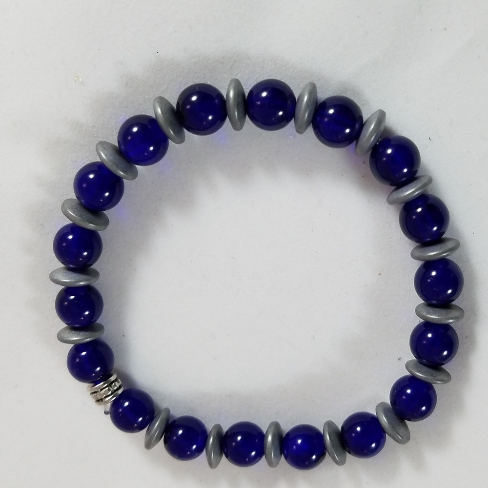 Hand Crafted Bracelet with Hematite Spacers Stretch Cobalt Blue Gray 7” Unisex